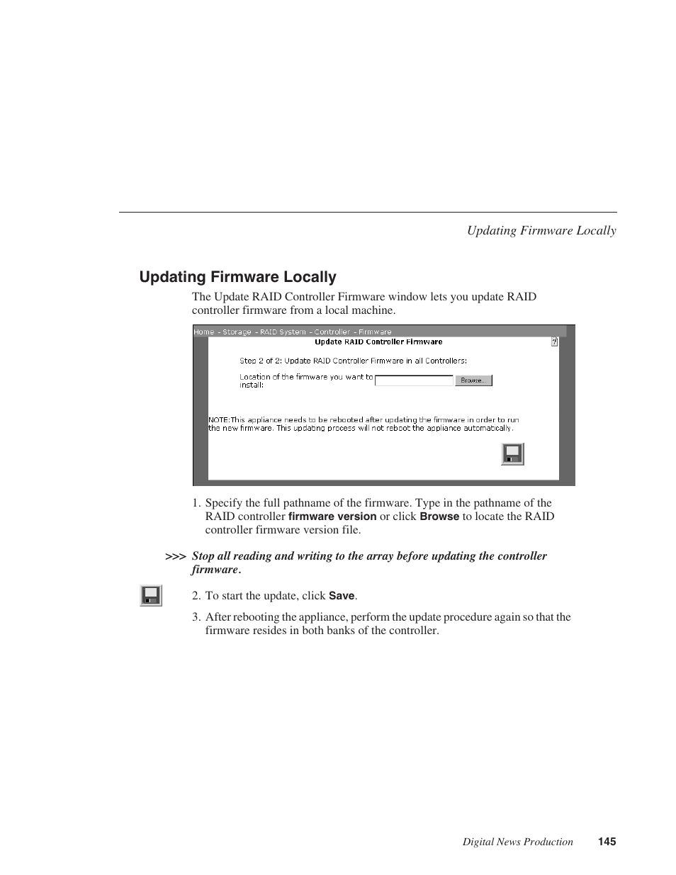 Updating firmware locally | Grass Valley Network Attached Storage System Serial ATA Network User Guide v.1.0.04 User Manual | Page 146 / 195