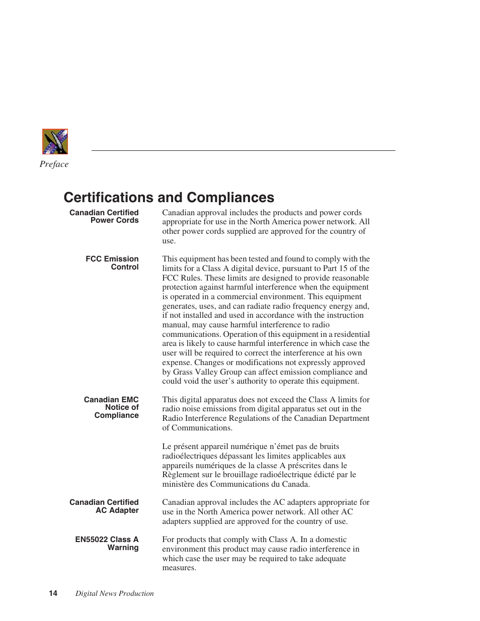 Certifications and compliances | Grass Valley Network Attached Storage System Serial ATA Network User Guide v.1.0.04 User Manual | Page 15 / 195