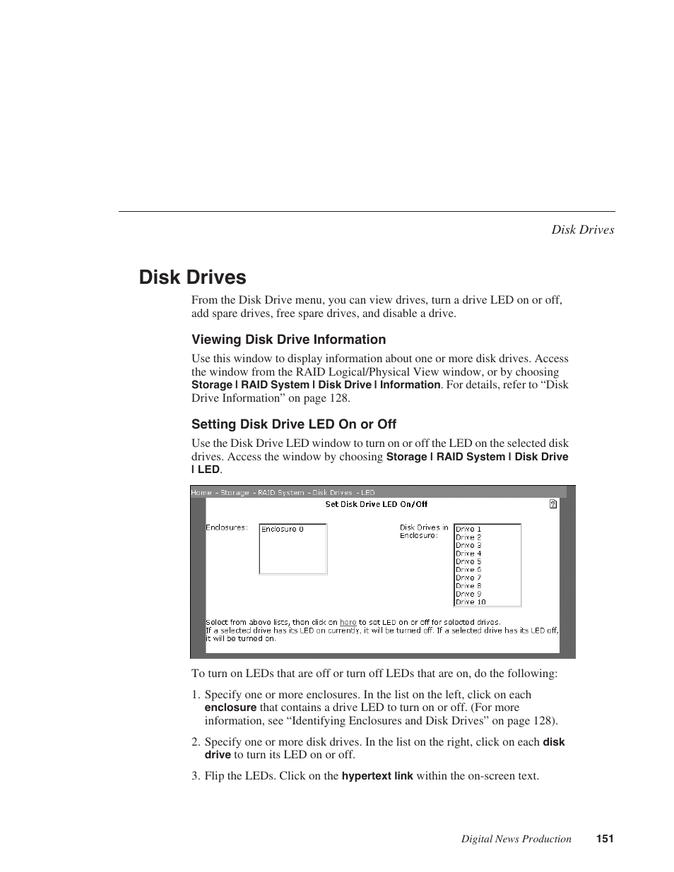 Disk drives, Viewing disk drive information, Setting disk drive led on or off | Grass Valley Network Attached Storage System Serial ATA Network User Guide v.1.0.04 User Manual | Page 152 / 195