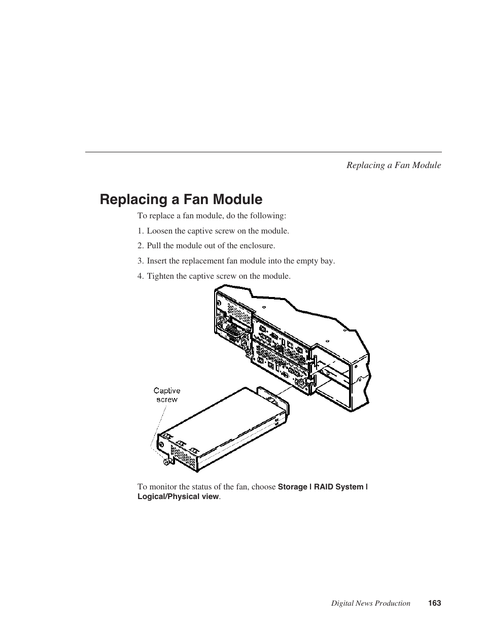 Replacing a fan module | Grass Valley Network Attached Storage System Serial ATA Network User Guide v.1.0.04 User Manual | Page 164 / 195