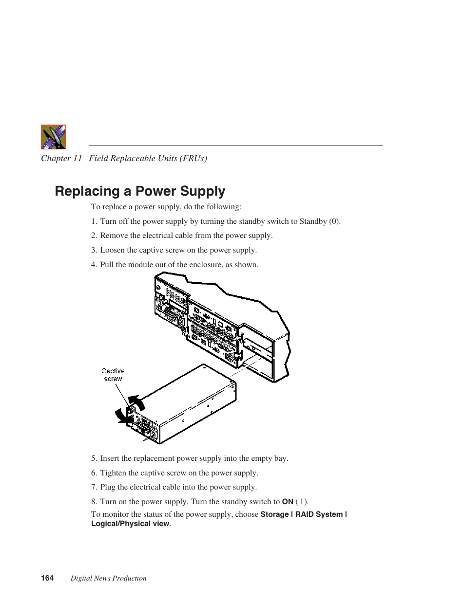 Replacing a power supply | Grass Valley Network Attached Storage System Serial ATA Network User Guide v.1.0.04 User Manual | Page 165 / 195