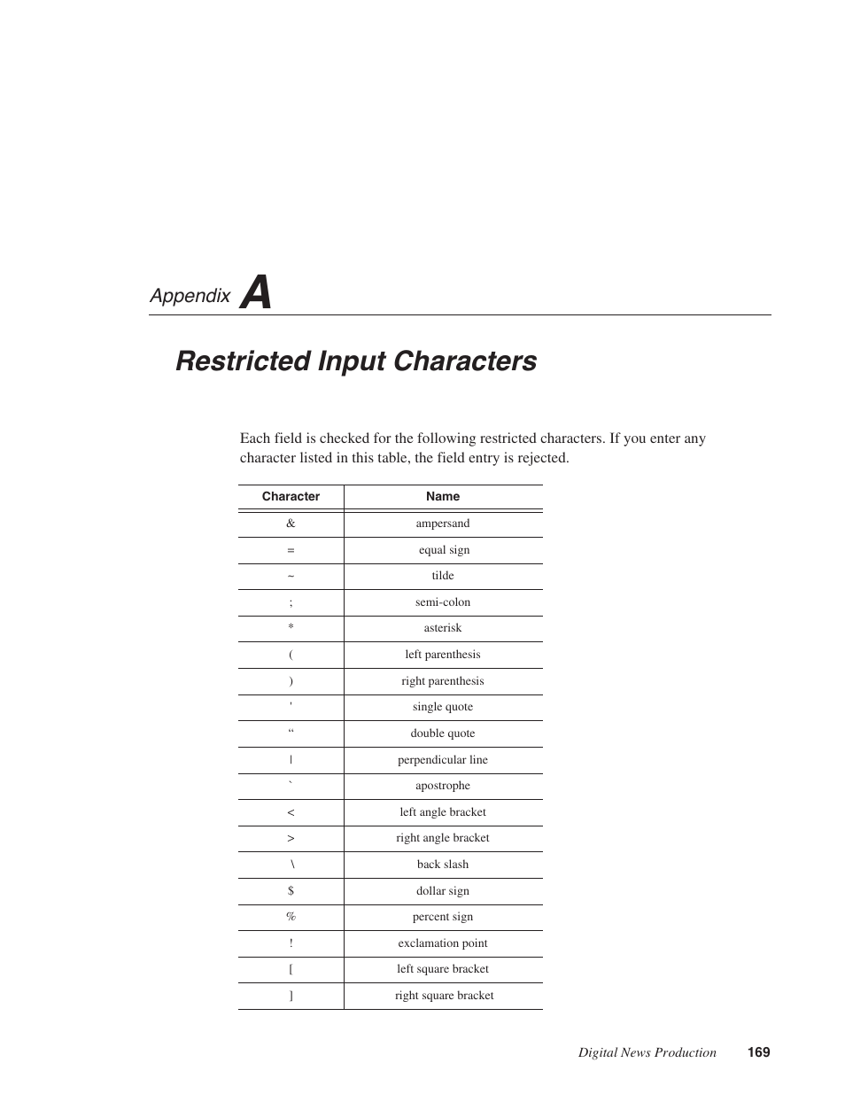 A: restricted input characters, Appendix a, Restricted input characters | Appendix | Grass Valley Network Attached Storage System Serial ATA Network User Guide v.1.0.04 User Manual | Page 170 / 195