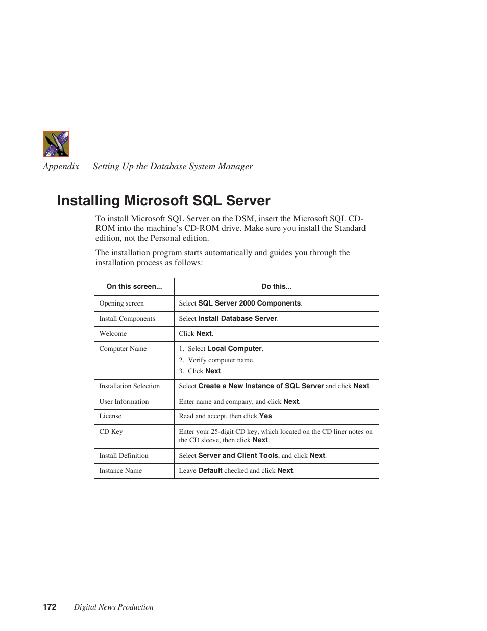 Installing microsoft sql server | Grass Valley Network Attached Storage System Serial ATA Network User Guide v.1.0.04 User Manual | Page 173 / 195