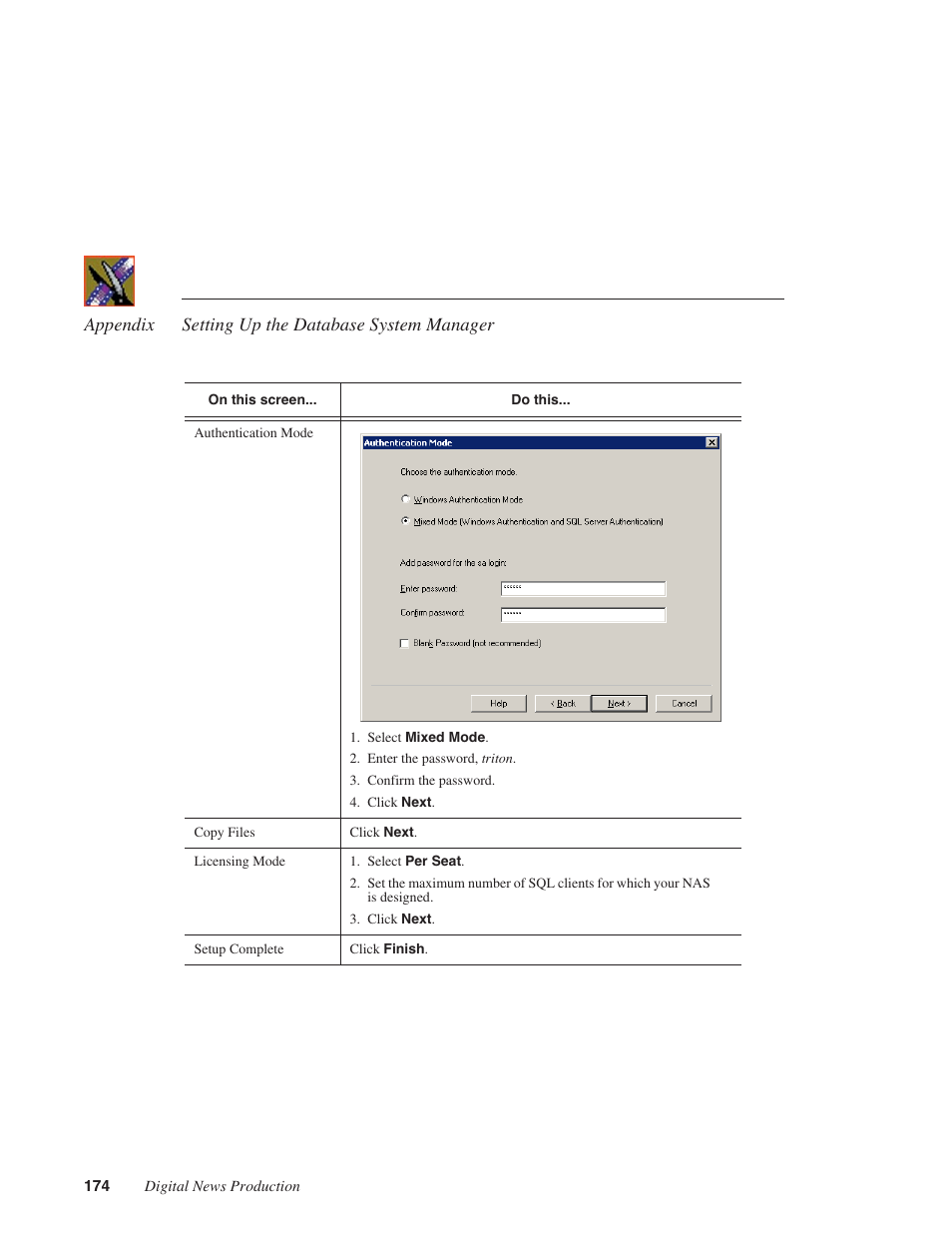 Appendix setting up the database system manager | Grass Valley Network Attached Storage System Serial ATA Network User Guide v.1.0.04 User Manual | Page 175 / 195