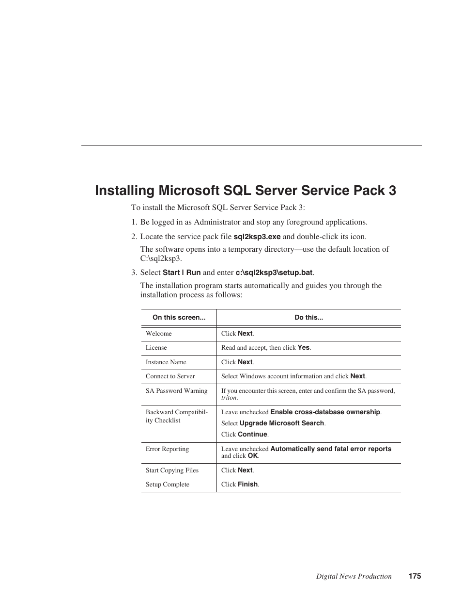 Installing microsoft sql server service pack 3 | Grass Valley Network Attached Storage System Serial ATA Network User Guide v.1.0.04 User Manual | Page 176 / 195