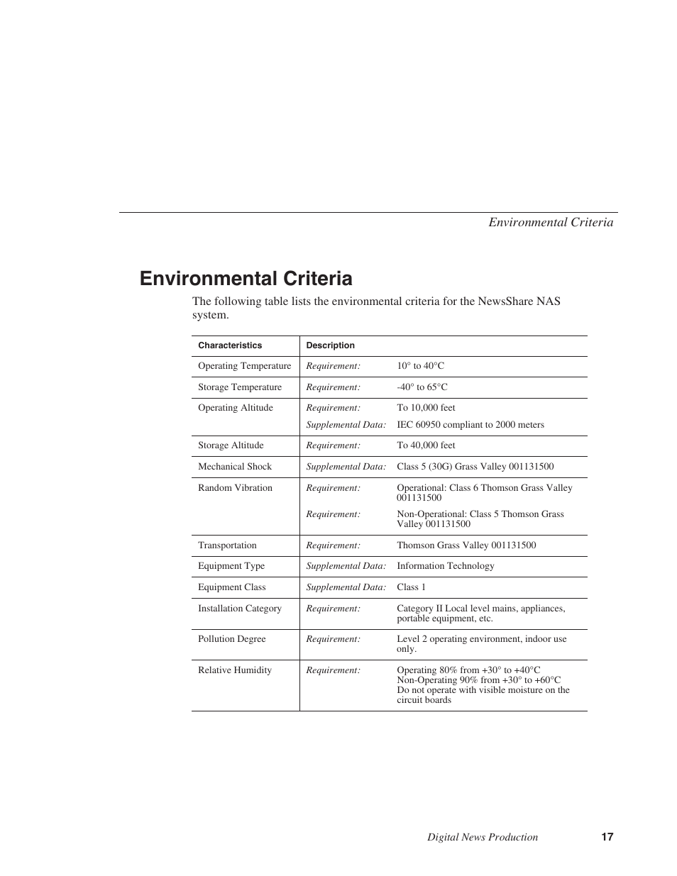 Environmental criteria | Grass Valley Network Attached Storage System Serial ATA Network User Guide v.1.0.04 User Manual | Page 18 / 195
