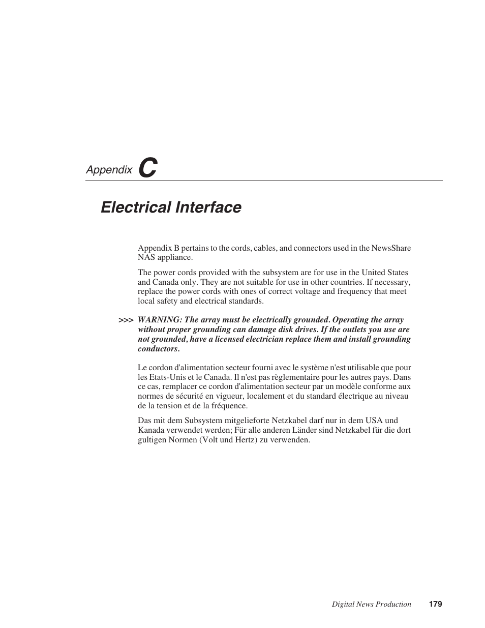 C: electrical interface, Appendix c, Electrical interface | Grass Valley Network Attached Storage System Serial ATA Network User Guide v.1.0.04 User Manual | Page 180 / 195