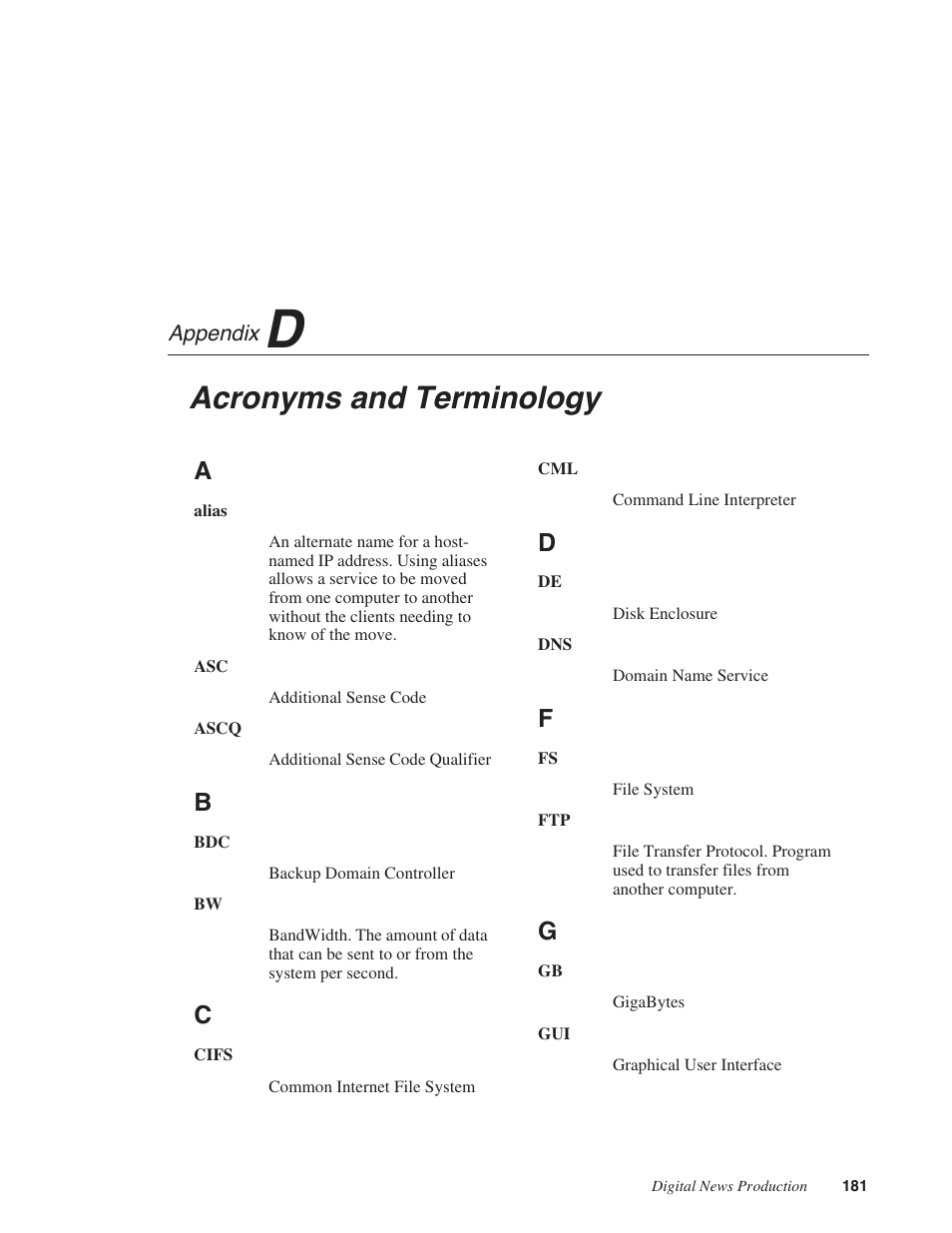 Acronyms and terminology | Grass Valley Network Attached Storage System Serial ATA Network User Guide v.1.0.04 User Manual | Page 182 / 195