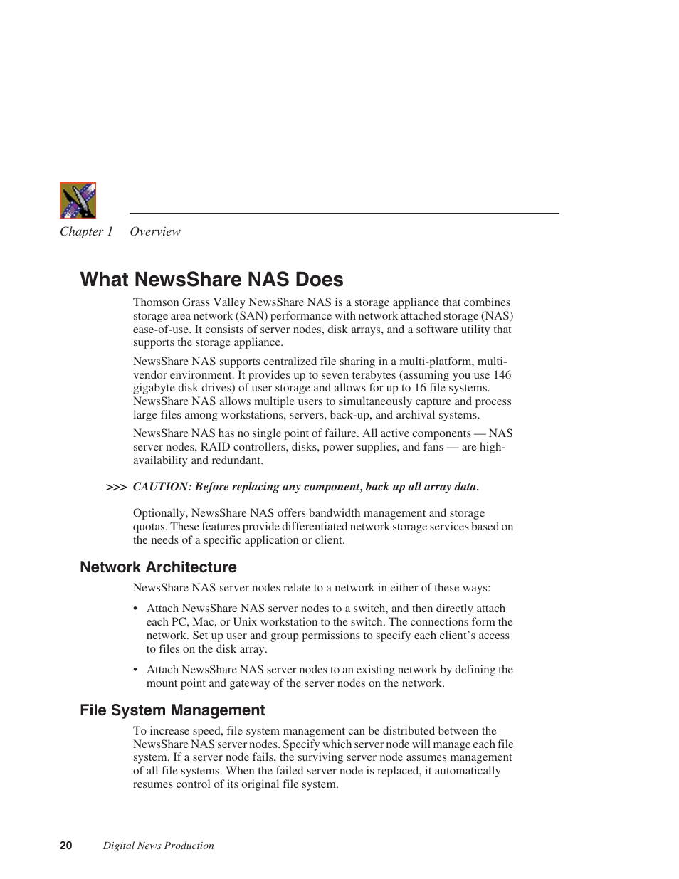 What newsshare nas does, Network architecture, File system management | Network architecture file system management | Grass Valley Network Attached Storage System Serial ATA Network User Guide v.1.0.04 User Manual | Page 21 / 195