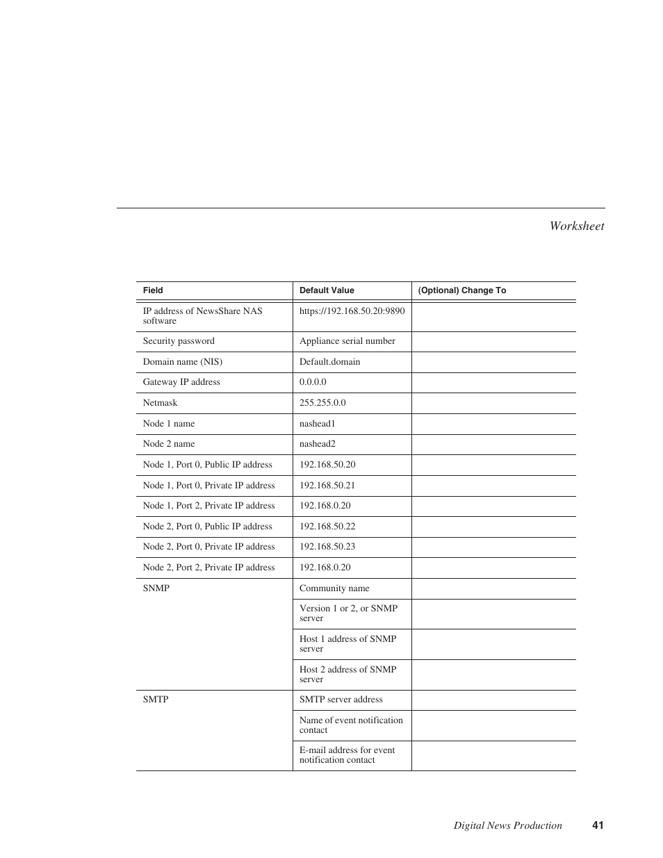 Worksheet | Grass Valley Network Attached Storage System Serial ATA Network User Guide v.1.0.04 User Manual | Page 42 / 195