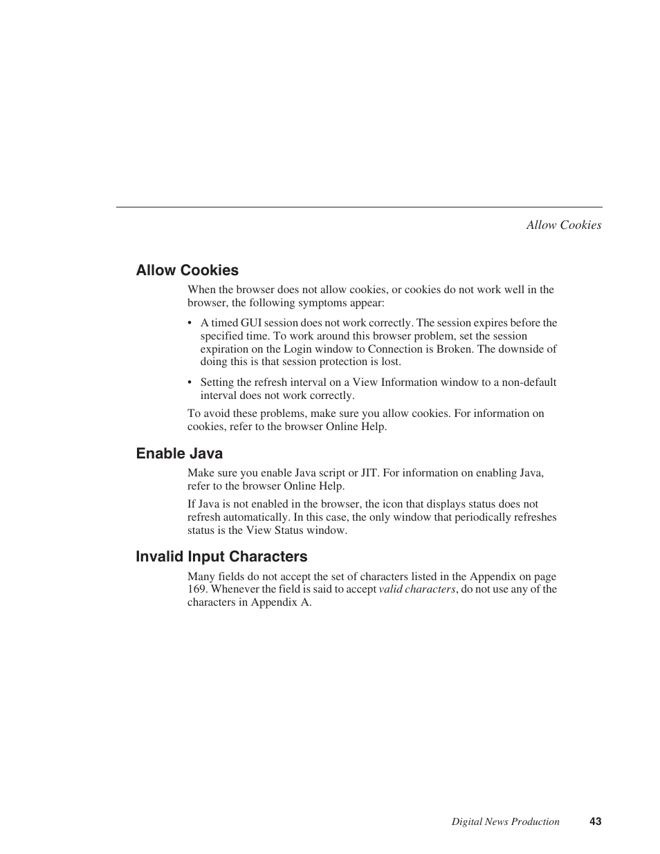 Allow cookies, Enable java, Invalid input characters | Allow cookies enable java invalid input characters | Grass Valley Network Attached Storage System Serial ATA Network User Guide v.1.0.04 User Manual | Page 44 / 195