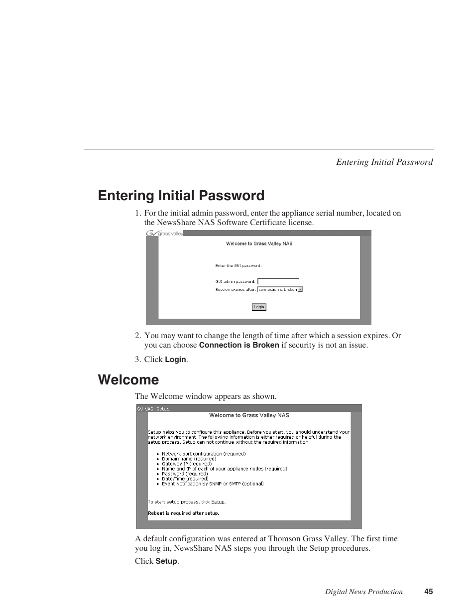 Entering initial password, Welcome, Entering initial password welcome | Grass Valley Network Attached Storage System Serial ATA Network User Guide v.1.0.04 User Manual | Page 46 / 195