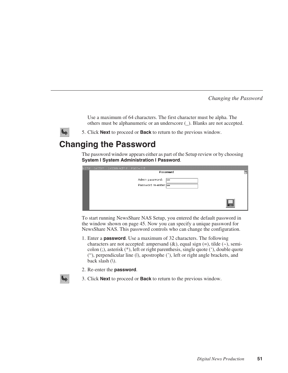 Changing the password | Grass Valley Network Attached Storage System Serial ATA Network User Guide v.1.0.04 User Manual | Page 52 / 195
