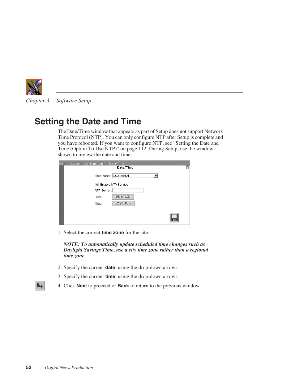 Setting the date and time | Grass Valley Network Attached Storage System Serial ATA Network User Guide v.1.0.04 User Manual | Page 53 / 195