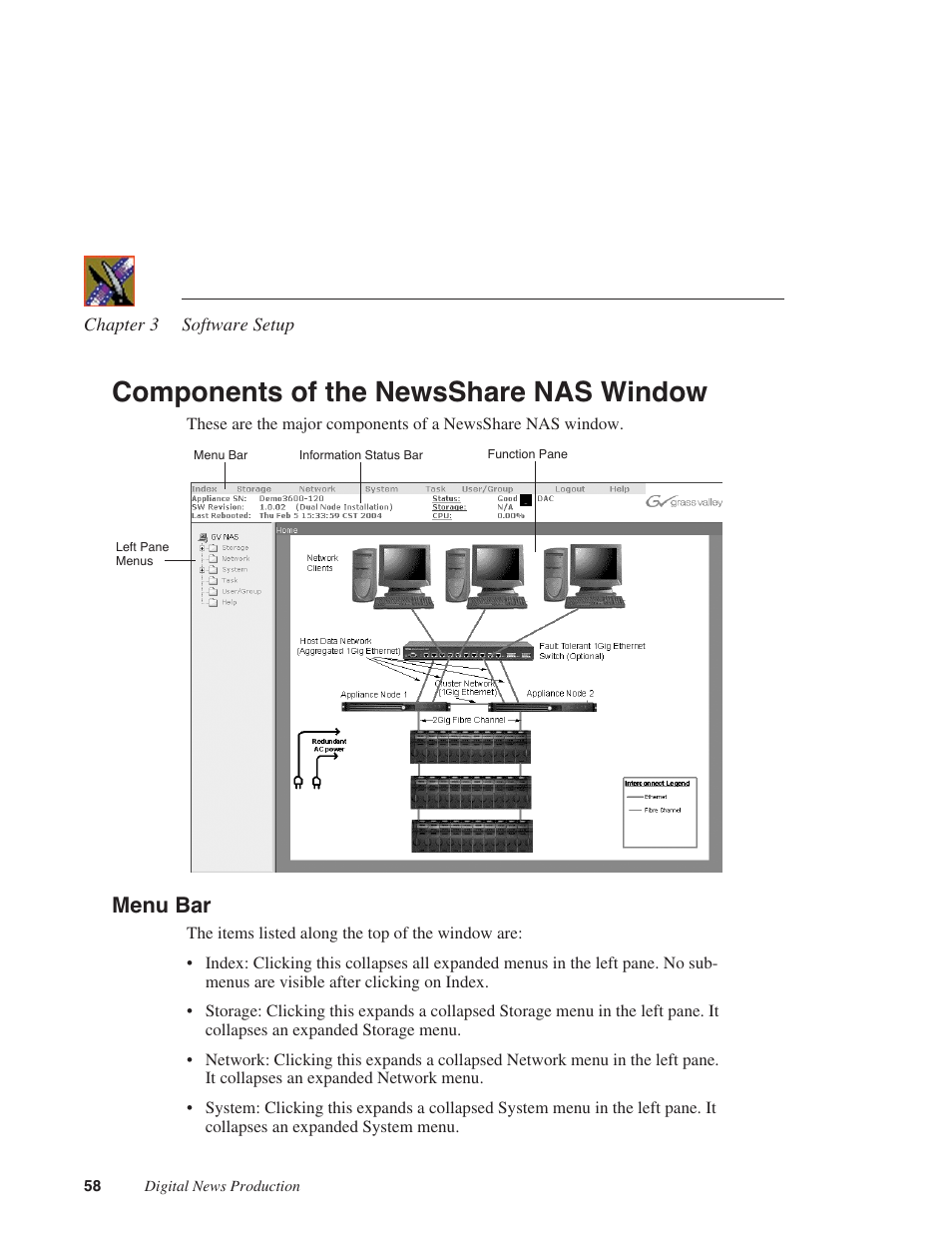 Components of the newsshare nas window, Menu bar | Grass Valley Network Attached Storage System Serial ATA Network User Guide v.1.0.04 User Manual | Page 59 / 195