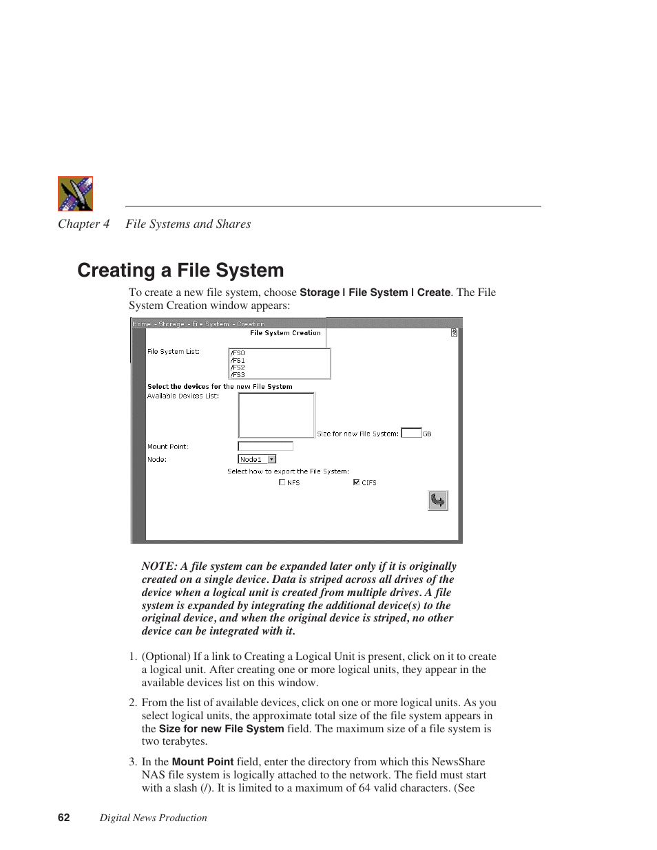Creating a file system | Grass Valley Network Attached Storage System Serial ATA Network User Guide v.1.0.04 User Manual | Page 63 / 195