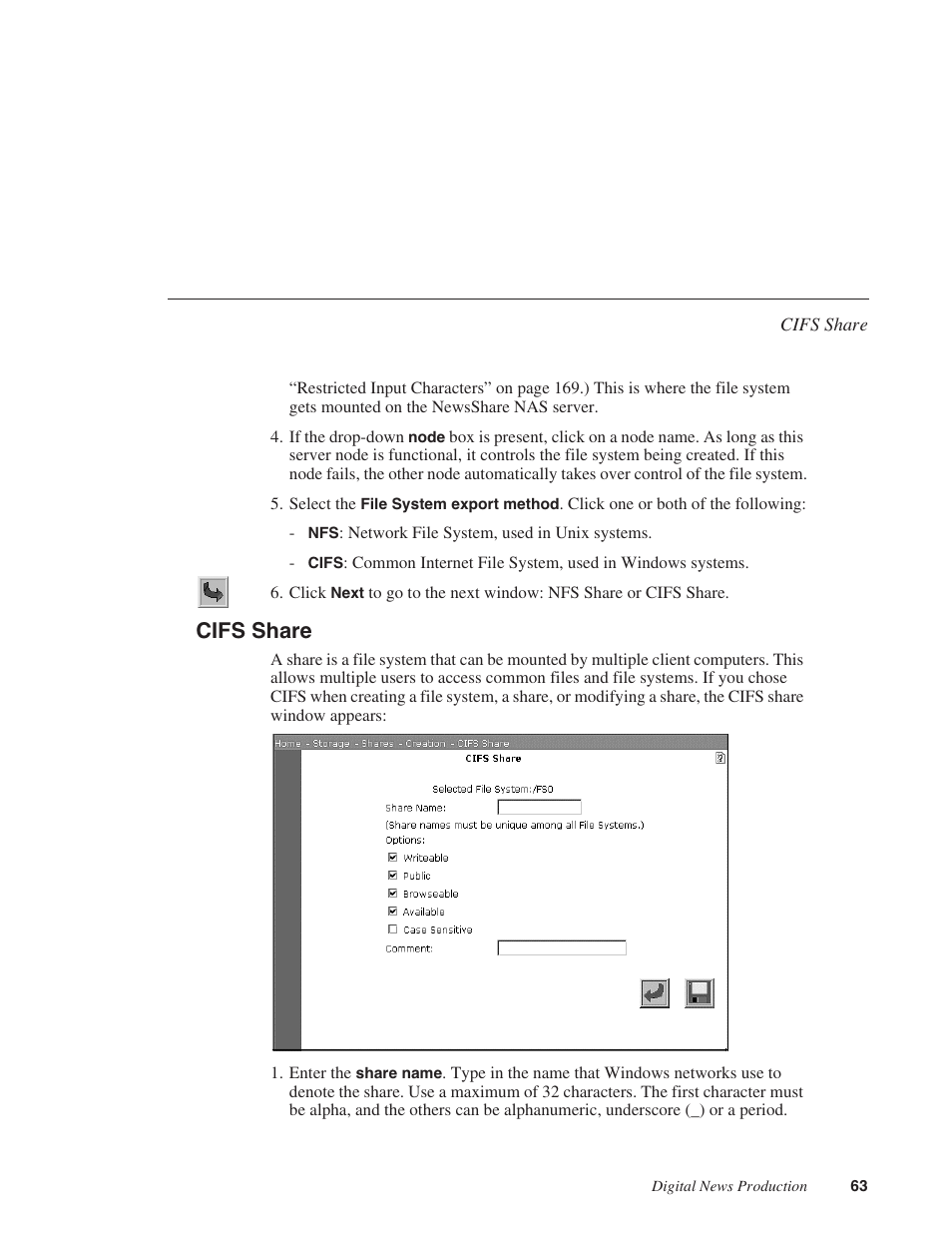 Cifs share | Grass Valley Network Attached Storage System Serial ATA Network User Guide v.1.0.04 User Manual | Page 64 / 195