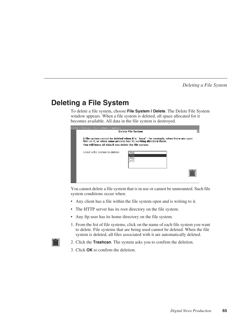 Deleting a file system | Grass Valley Network Attached Storage System Serial ATA Network User Guide v.1.0.04 User Manual | Page 66 / 195