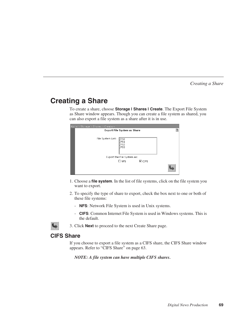 Creating a share, Cifs share | Grass Valley Network Attached Storage System Serial ATA Network User Guide v.1.0.04 User Manual | Page 70 / 195