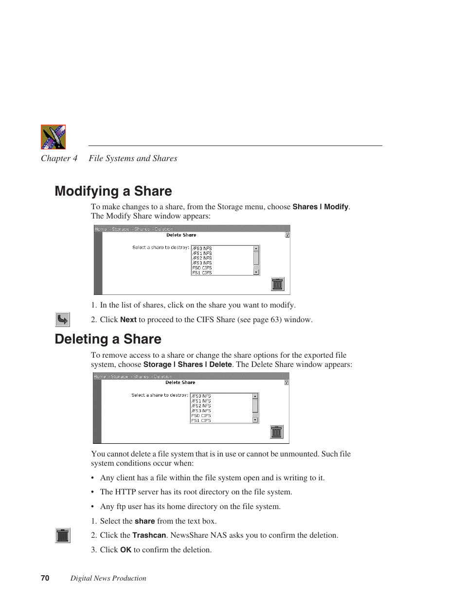 Modifying a share, Deleting a share, Modifying a share deleting a share | Grass Valley Network Attached Storage System Serial ATA Network User Guide v.1.0.04 User Manual | Page 71 / 195