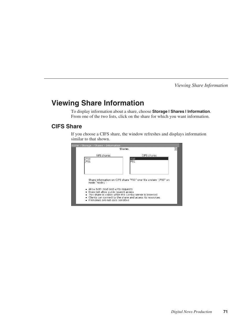 Viewing share information, Cifs share | Grass Valley Network Attached Storage System Serial ATA Network User Guide v.1.0.04 User Manual | Page 72 / 195