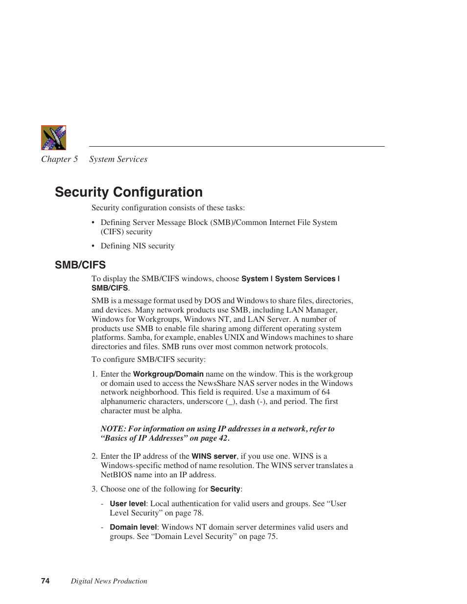 Security configuration, Smb/cifs | Grass Valley Network Attached Storage System Serial ATA Network User Guide v.1.0.04 User Manual | Page 75 / 195