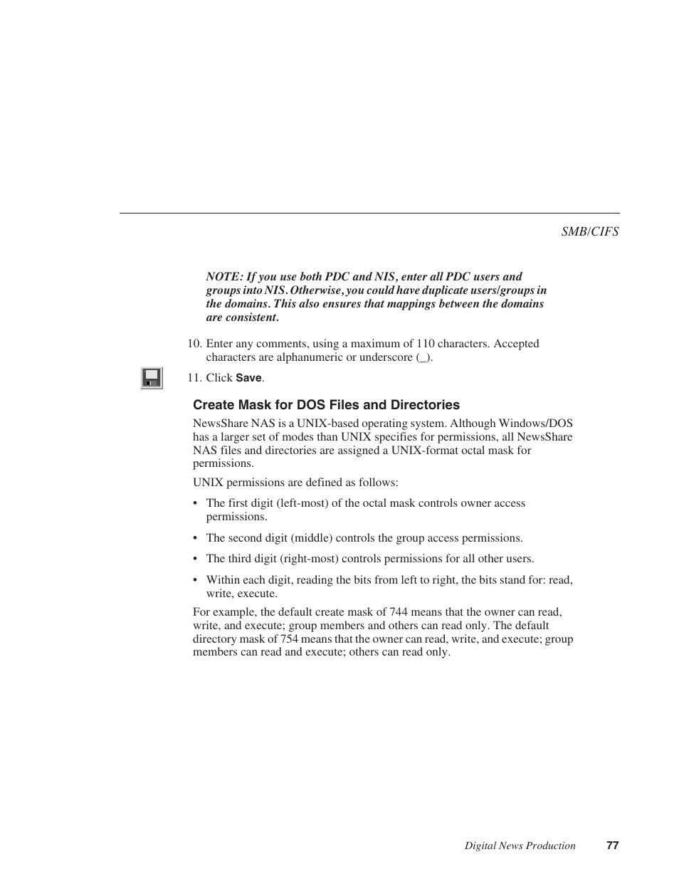 Create mask for dos files and directories | Grass Valley Network Attached Storage System Serial ATA Network User Guide v.1.0.04 User Manual | Page 78 / 195