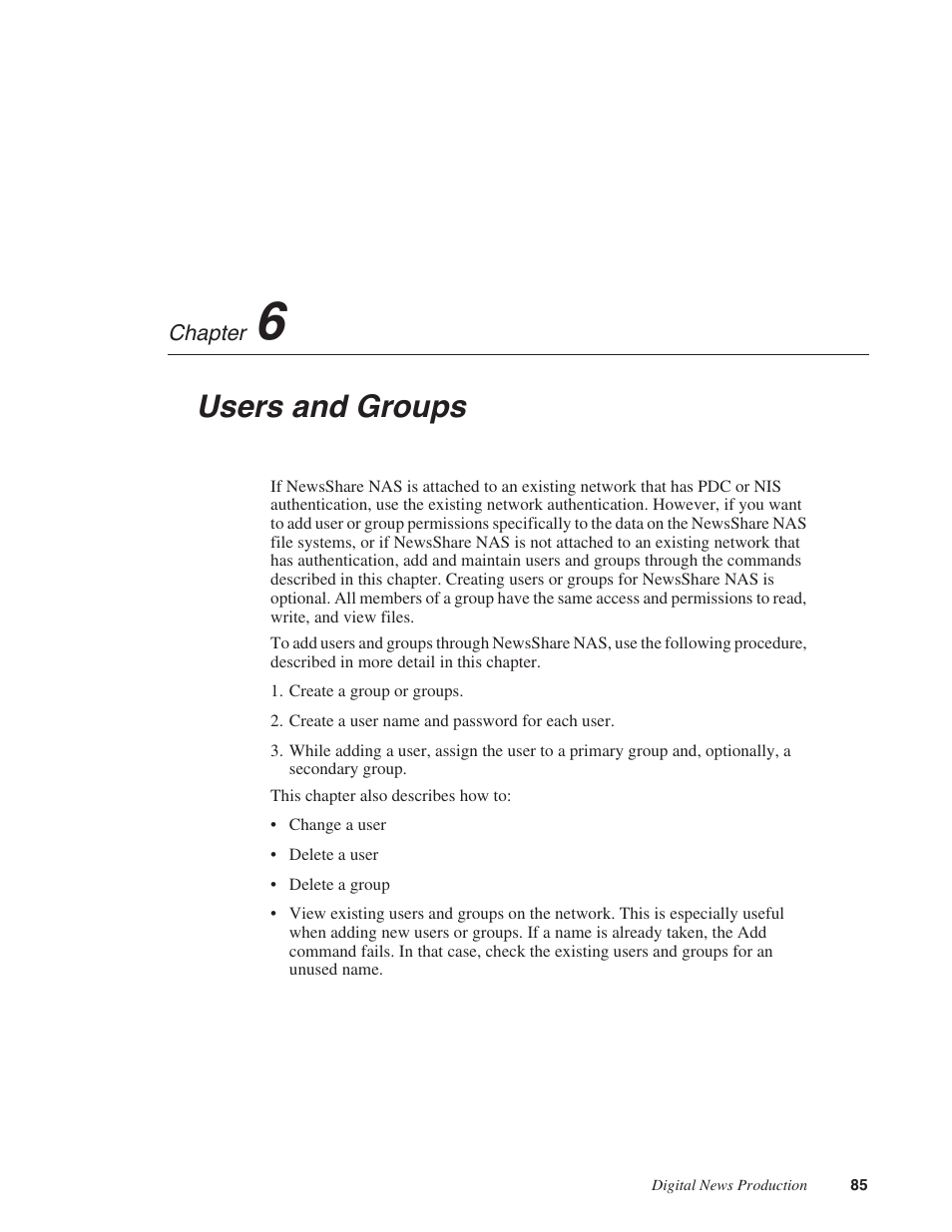 Chapter 6: users and groups, Chapter 6, Users and groups | Grass Valley Network Attached Storage System Serial ATA Network User Guide v.1.0.04 User Manual | Page 86 / 195