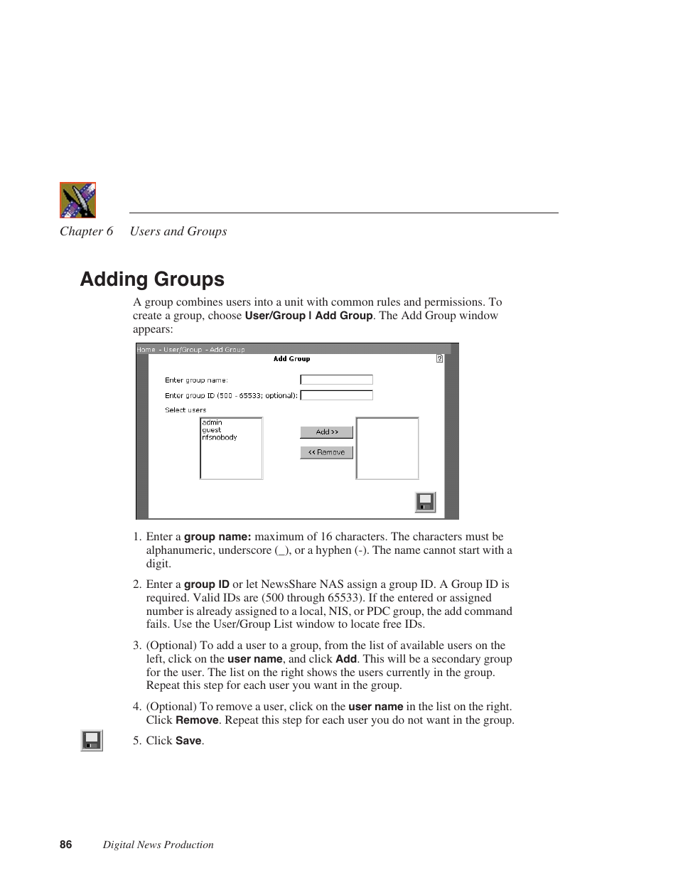 Adding groups | Grass Valley Network Attached Storage System Serial ATA Network User Guide v.1.0.04 User Manual | Page 87 / 195