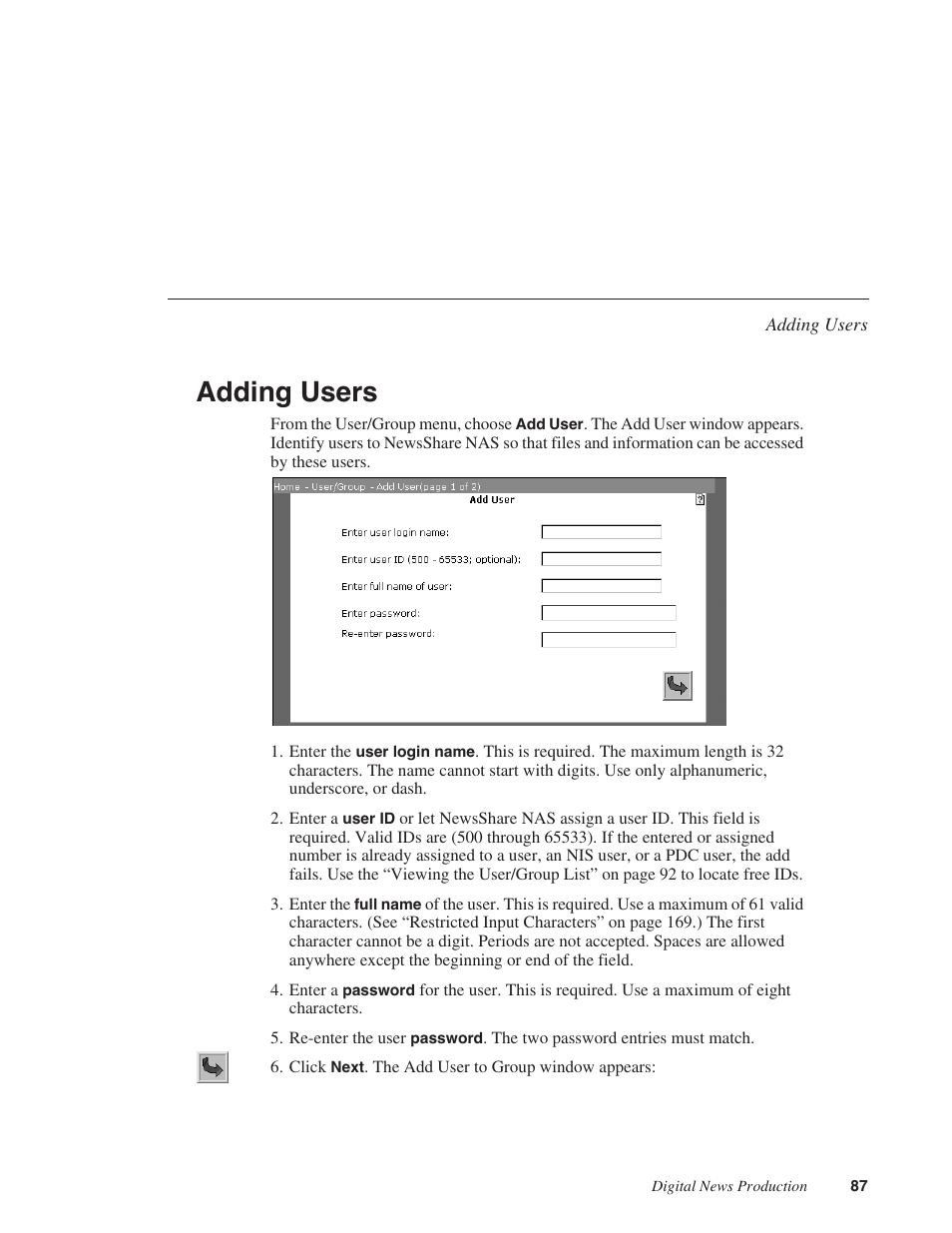 Adding users | Grass Valley Network Attached Storage System Serial ATA Network User Guide v.1.0.04 User Manual | Page 88 / 195