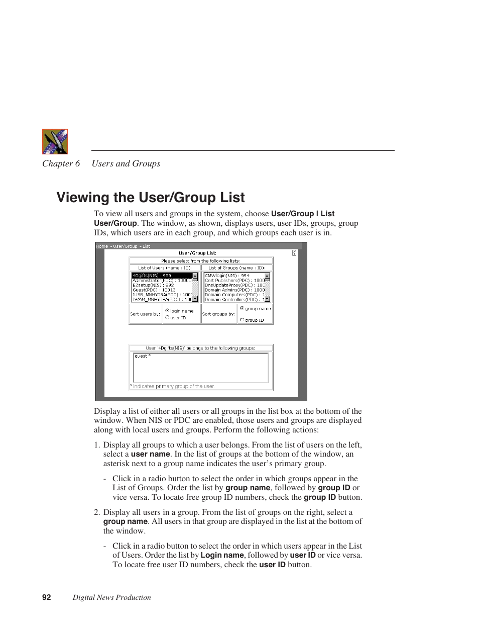 Viewing the user/group list | Grass Valley Network Attached Storage System Serial ATA Network User Guide v.1.0.04 User Manual | Page 93 / 195