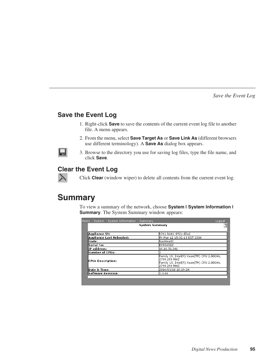 Save the event log, Clear the event log, Summary | Save the event log clear the event log | Grass Valley Network Attached Storage System Serial ATA Network User Guide v.1.0.04 User Manual | Page 96 / 195