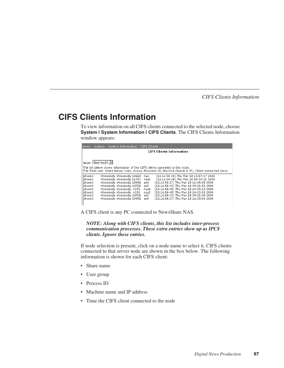 Cifs clients information | Grass Valley Network Attached Storage System Serial ATA Network User Guide v.1.0.04 User Manual | Page 98 / 195