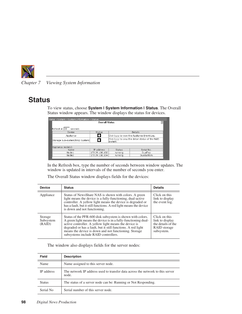 Status | Grass Valley Network Attached Storage System Serial ATA Network User Guide v.1.0.04 User Manual | Page 99 / 195