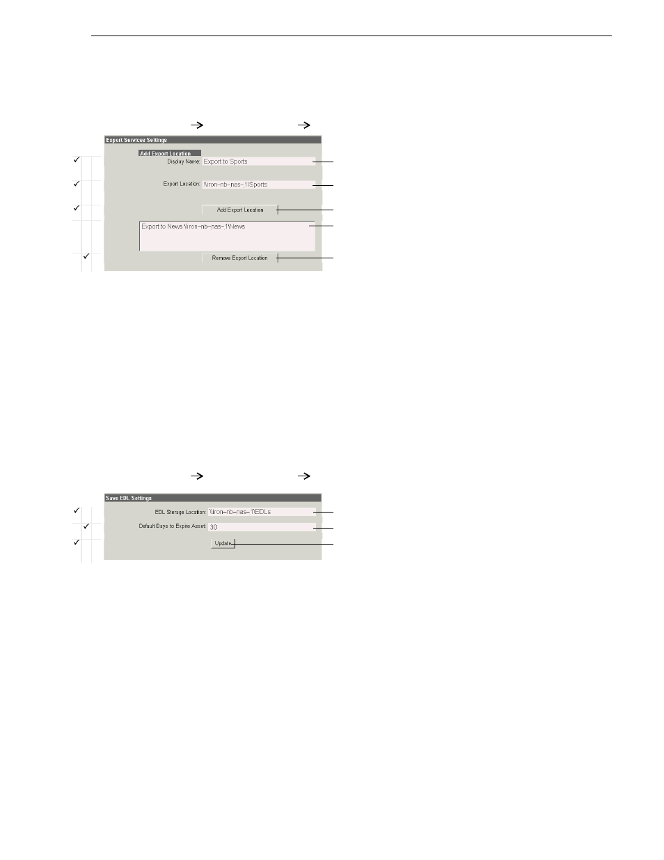Configure export services, Configure save edl settings, Edl export, save, conform stage | Grass Valley NewsBrowse Desktop Browsing System Installation v.2.7 User Manual | Page 97 / 150