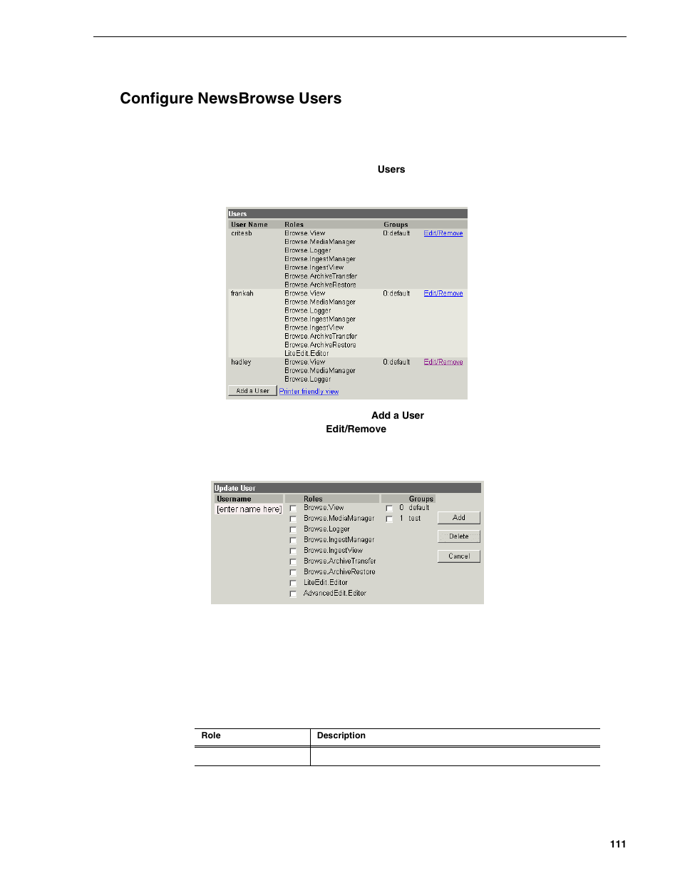 Configure newsbrowse users | Grass Valley NewsBrowse Desktop Browsing System Installation v.2.0 User Manual | Page 111 / 142
