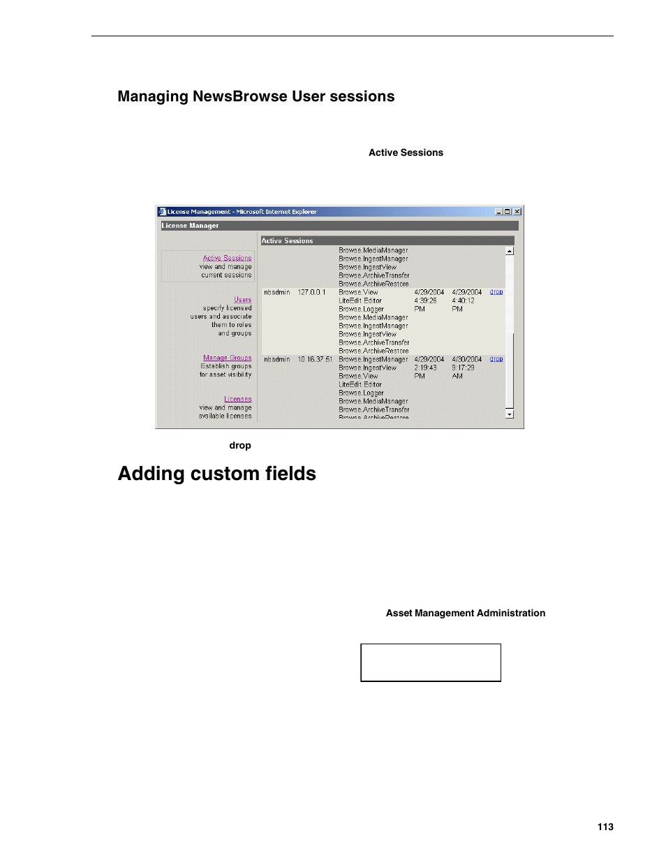 Managing newsbrowse user sessions, Adding custom fields | Grass Valley NewsBrowse Desktop Browsing System Installation v.2.0 User Manual | Page 113 / 142
