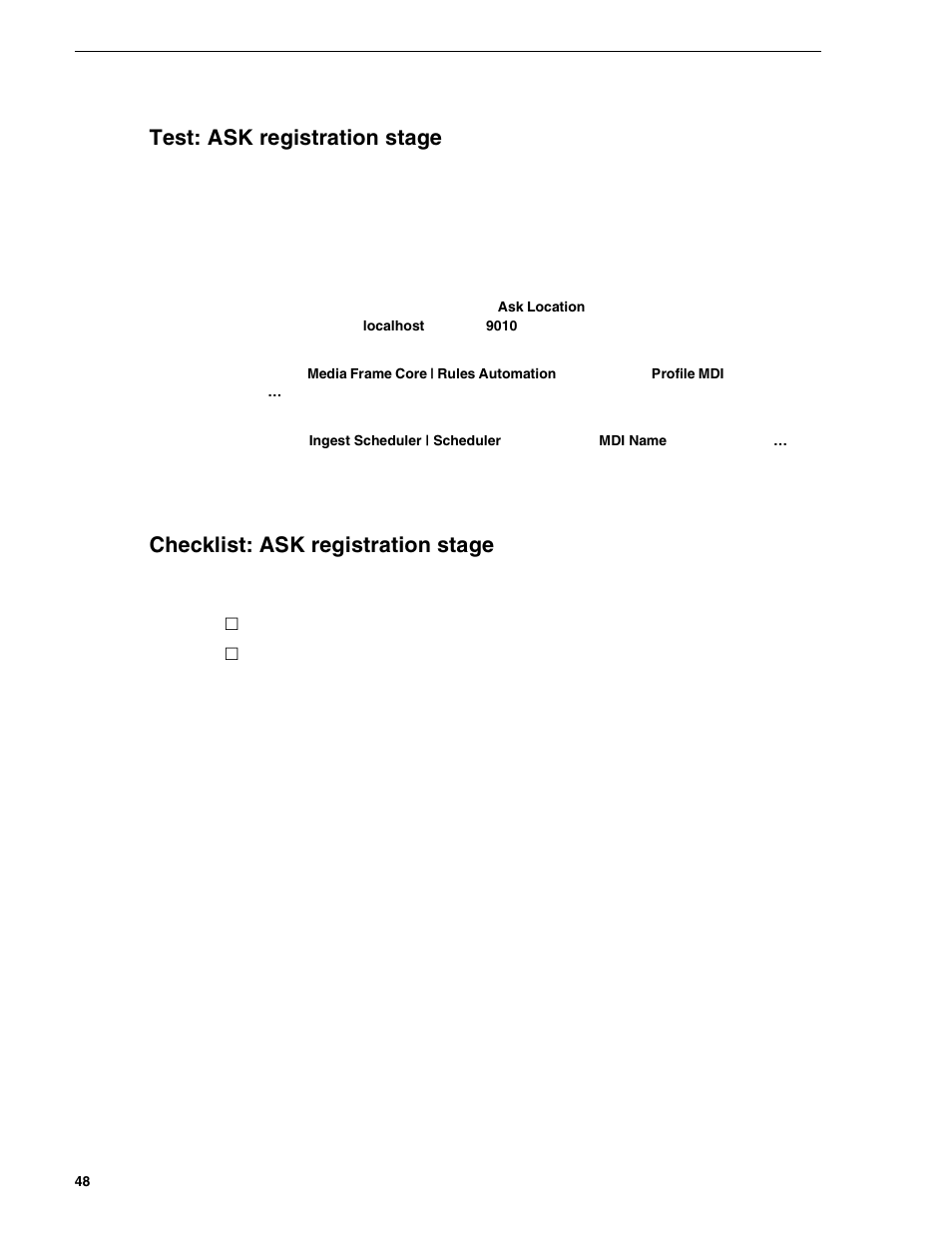 Test: ask registration stage, Checklist: ask registration stage | Grass Valley NewsBrowse Desktop Browsing System Installation v.2.0 User Manual | Page 48 / 142