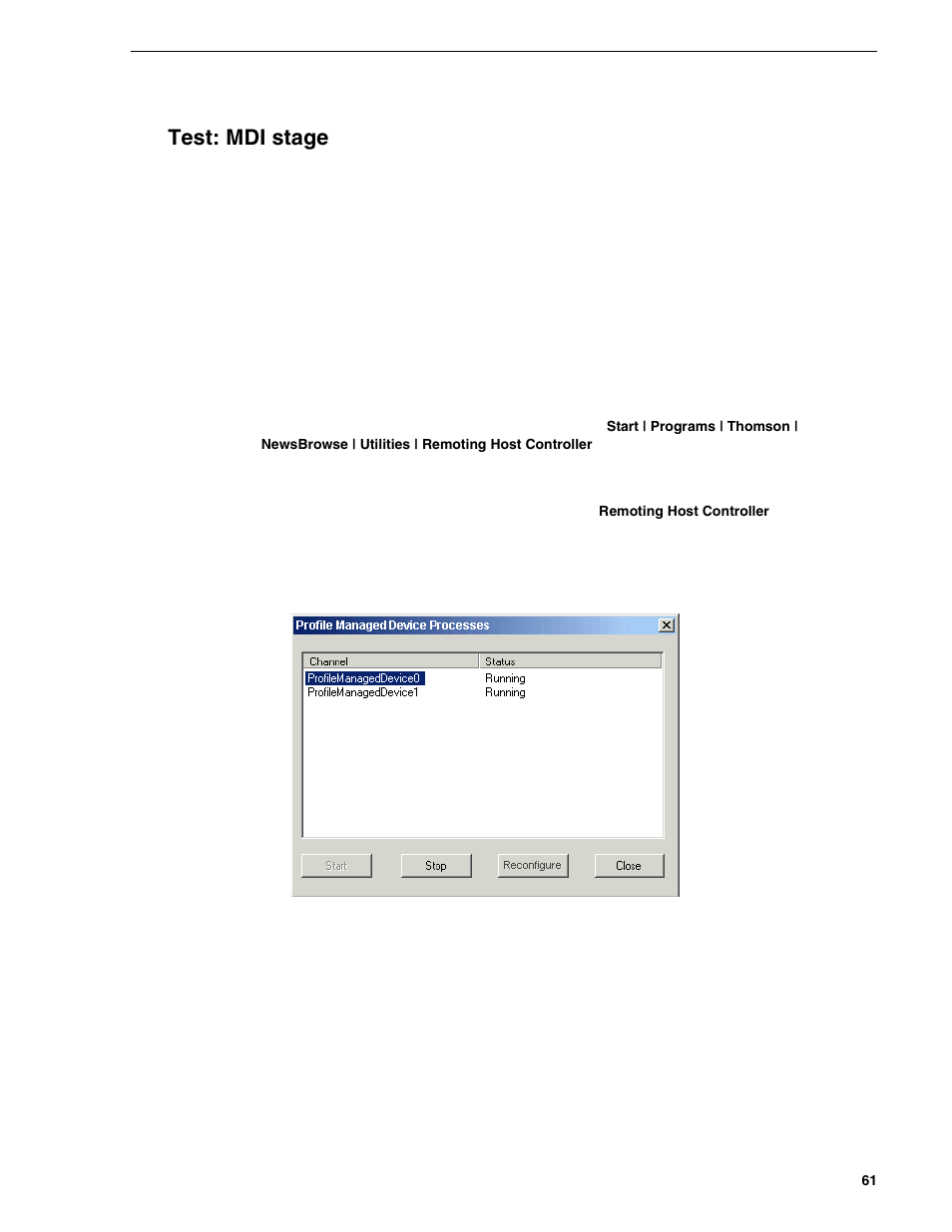 Test: mdi stage | Grass Valley NewsBrowse Desktop Browsing System Installation v.2.0 User Manual | Page 61 / 142