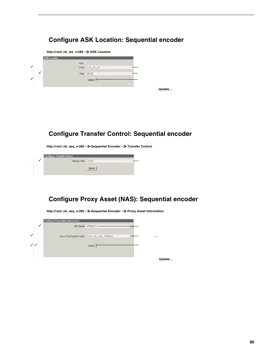 Configure ask location: sequential encoder, Configure transfer control: sequential encoder, Configure proxy asset (nas): sequential encoder | Grass Valley NewsBrowse Desktop Browsing System Installation v.2.0 User Manual | Page 85 / 142