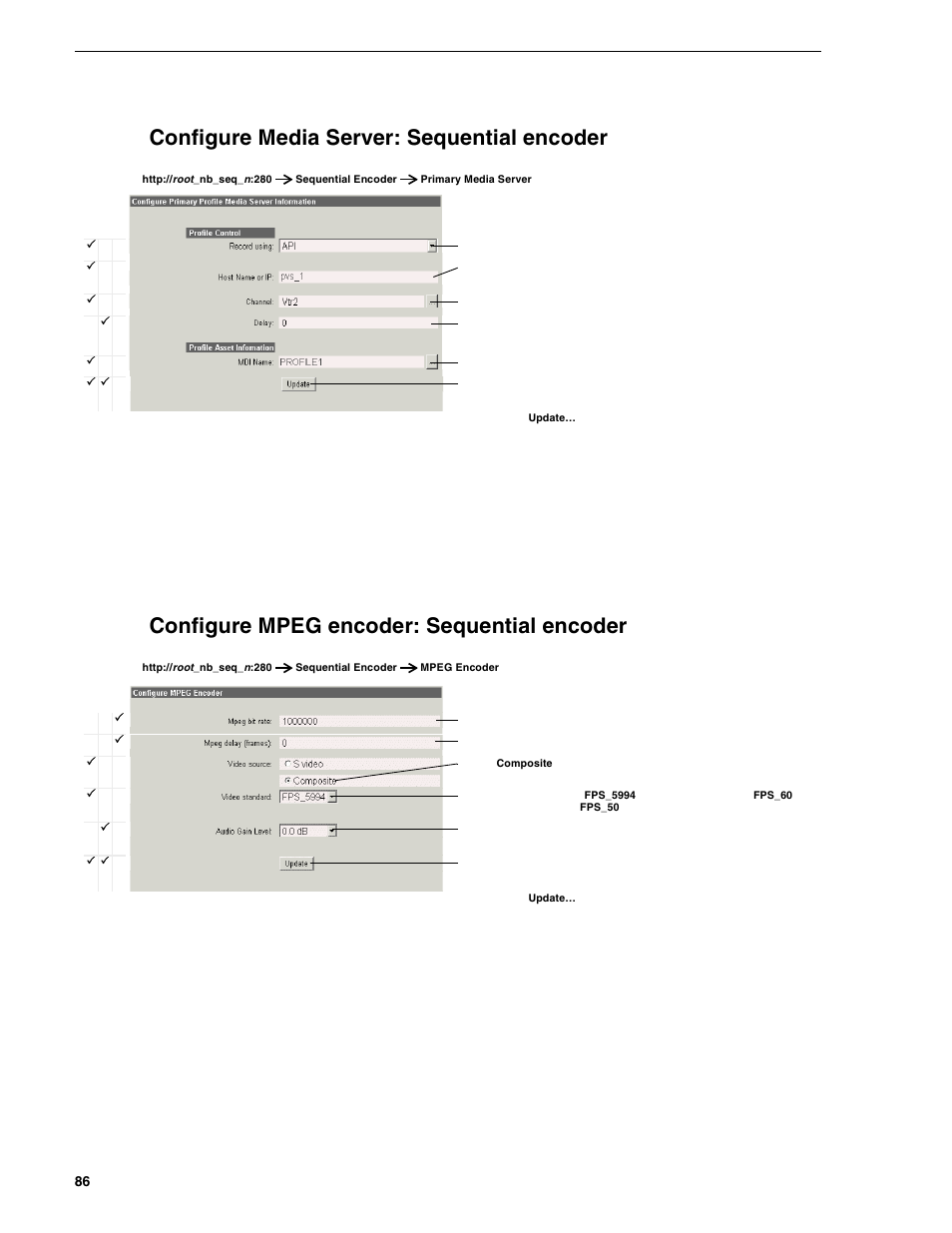 Configure media server: sequential encoder, Configure mpeg encoder: sequential encoder, Chapter 3 configuring the newsbrowse system | Grass Valley NewsBrowse Desktop Browsing System Installation v.2.0 User Manual | Page 86 / 142