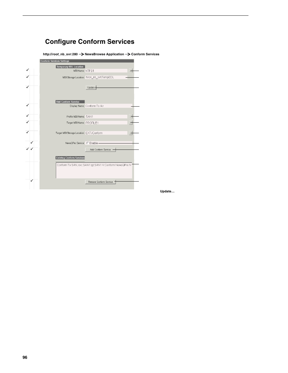 Configure conform services, Chapter 3 configuring the newsbrowse system | Grass Valley NewsBrowse Desktop Browsing System Installation v.2.0 User Manual | Page 96 / 142