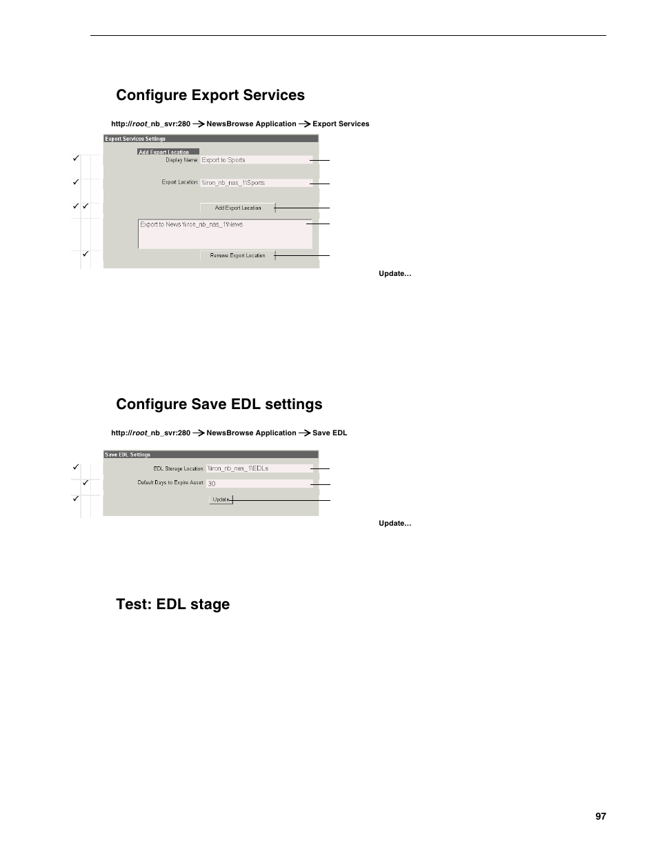 Configure export services, Configure save edl settings, Test: edl stage | Grass Valley NewsBrowse Desktop Browsing System Installation v.2.0 User Manual | Page 97 / 142