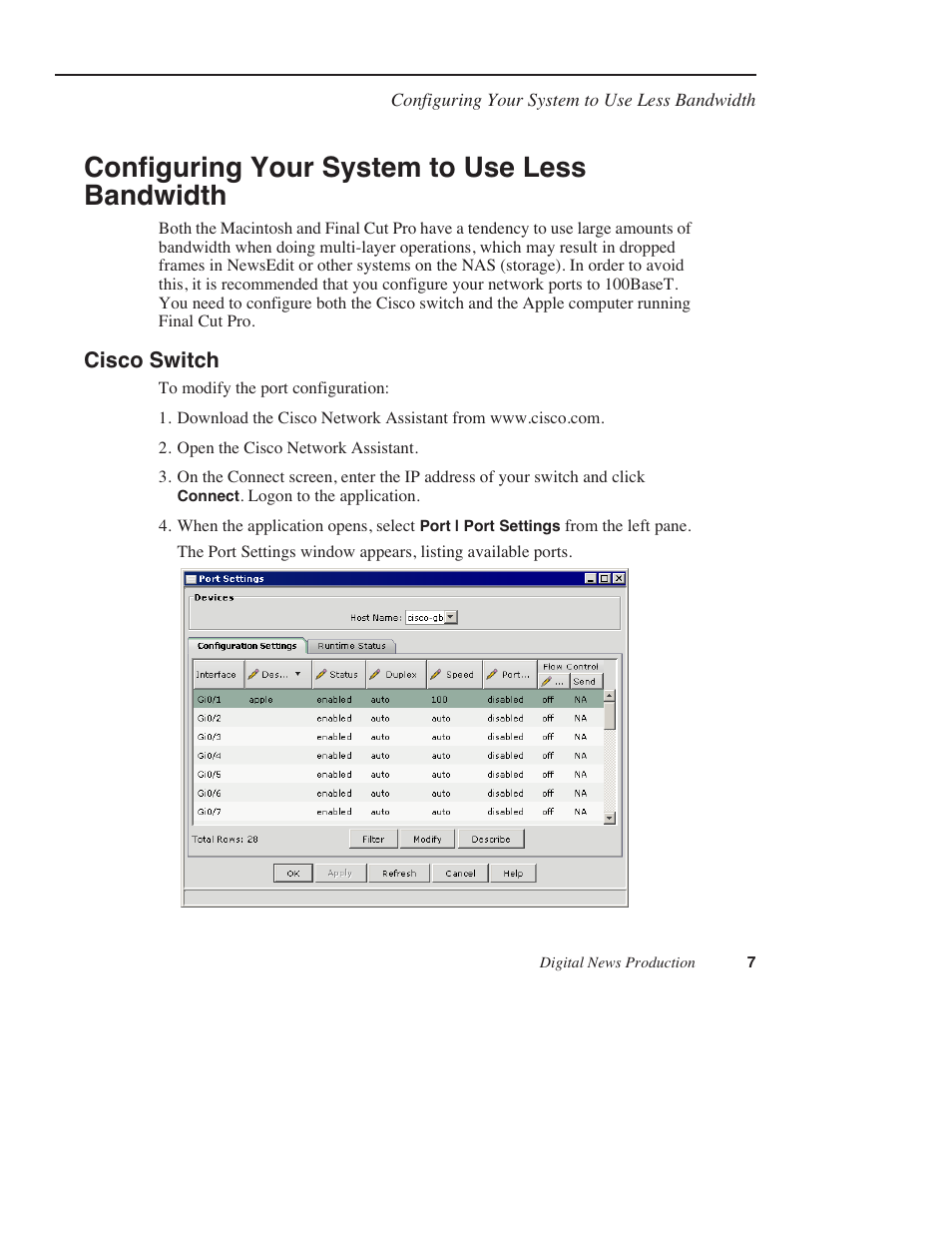 Configuring your system to use less bandwidth, Cisco switch | Grass Valley Using Final Cut Pro With DNP Products Instruction Guide v.5.1 User Manual | Page 7 / 18