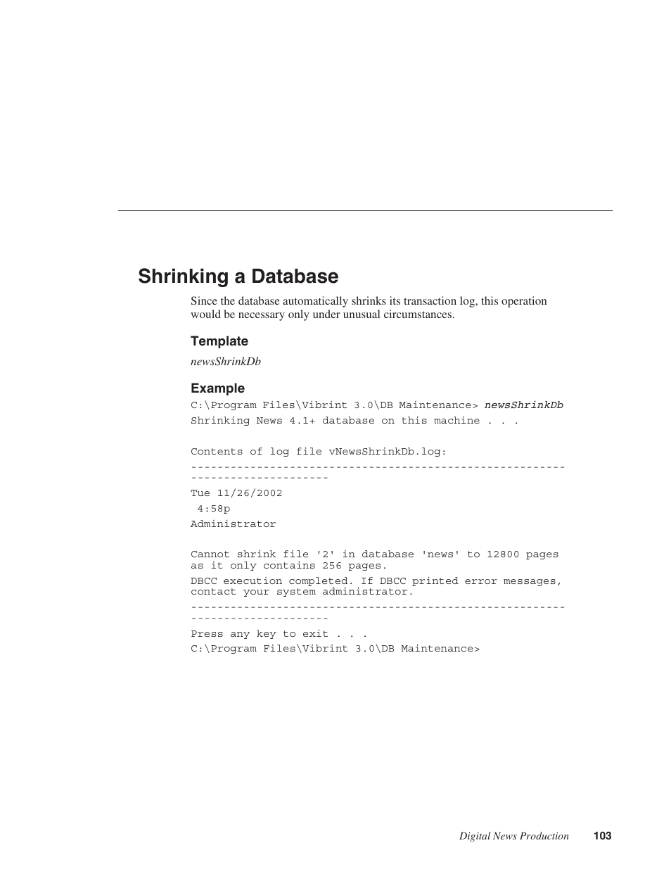 Shrinking a database | Grass Valley NewsShare v.5.5 User Manual | Page 105 / 114