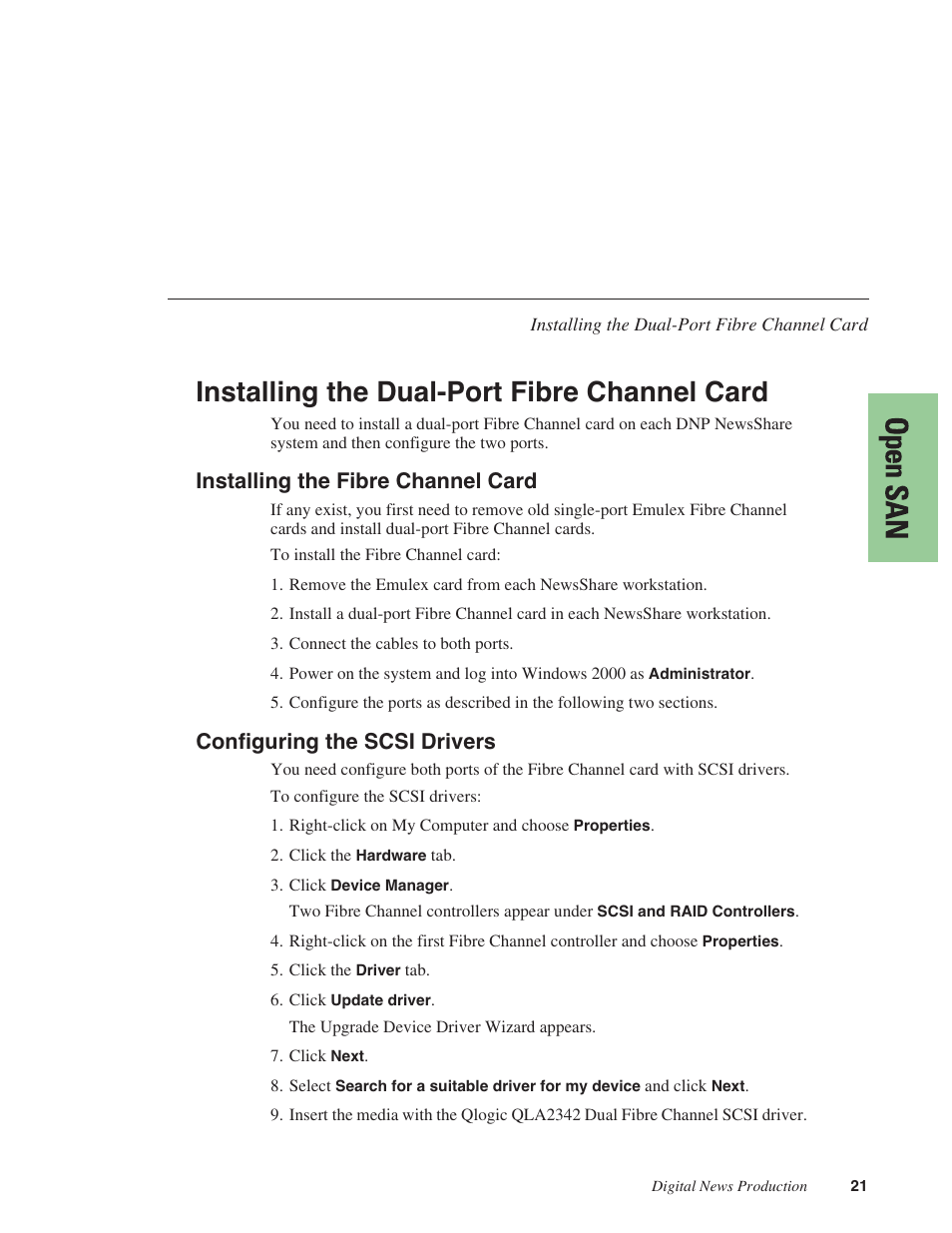 Installing the dual-port fibre channel card, Installing the fibre channel card, Configuring the scsi drivers | Grass Valley NewsShare v.5.5 User Manual | Page 23 / 114