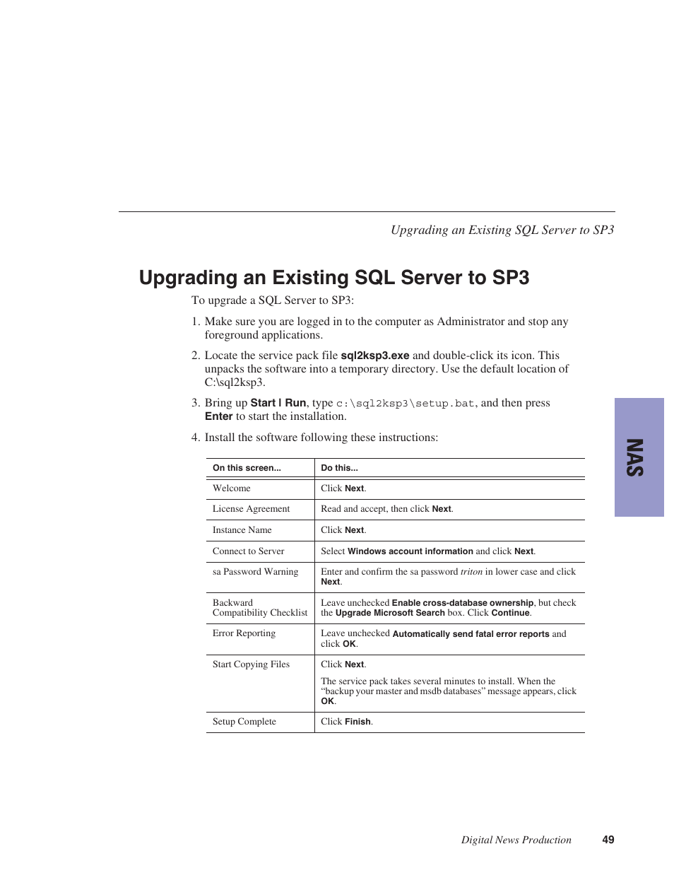 Upgrading an existing sql server to sp3 | Grass Valley NewsShare v.5.5 User Manual | Page 51 / 114