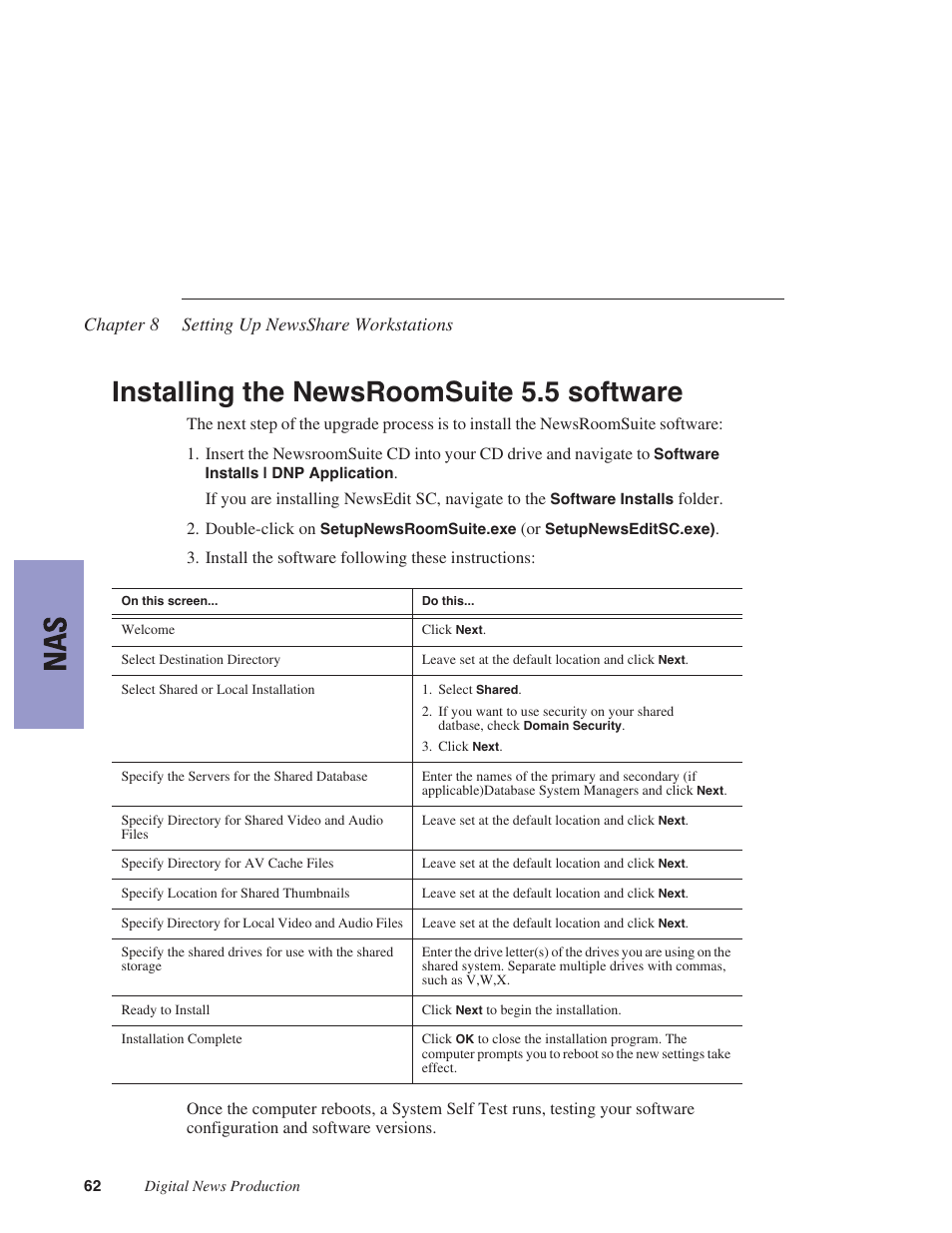 Installing the newsroomsuite 5.5 software, Chapter 8 setting up newsshare workstations | Grass Valley NewsShare v.5.5 User Manual | Page 64 / 114