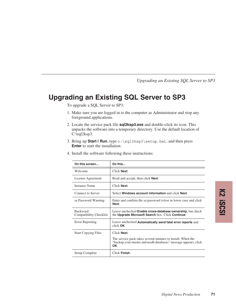 Upgrading an existing sql server to sp3 | Grass Valley NewsShare v.5.5 User Manual | Page 73 / 114