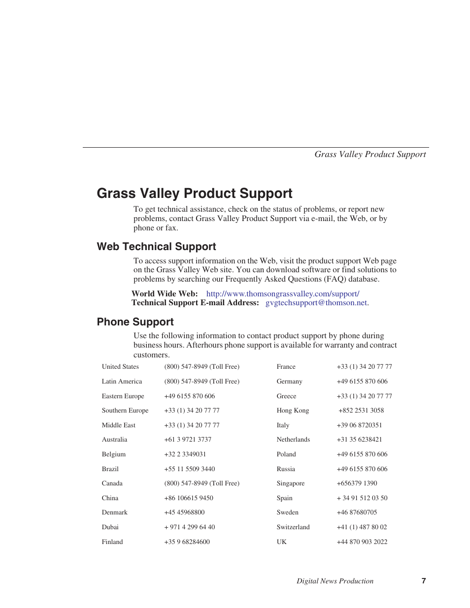 Grass valley product support, Web technical support, Phone support | Grass Valley NewsShare v.5.5 User Manual | Page 9 / 114